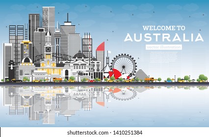 Welcome to Australia Skyline with Gray Buildings, Blue Sky and Reflections. Vector Illustration. Tourism Concept with Architecture. Australia Cityscape with Landmarks. Sydney. Melbourne.