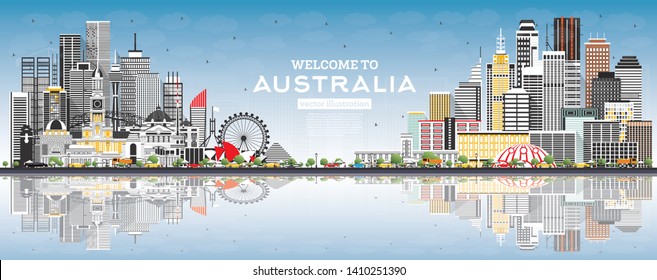 Welcome to Australia Skyline with Gray Buildings, Blue Sky and Reflections. Vector Illustration. Tourism Concept with Architecture. Australia Cityscape with Landmarks. Sydney. Melbourne.