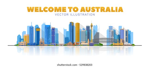 Welcome to Australia. Skyline with most huge city in Australia. Melbourne and Sydney in panorama skyline on white background. Travel around Australia banner.