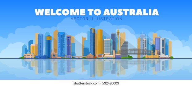 Welcome to Australia. Skyline with most huge city in Australia. Melbourne and Sydney in panorama skyline on blue background. Travel around Australia banner.