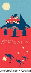 Welcome to Australia vintage poster with australian patriotic symbols. World traveling minimalistic concept with jumping kangaroo, touristic advertisement, authentic culture vector illustration.