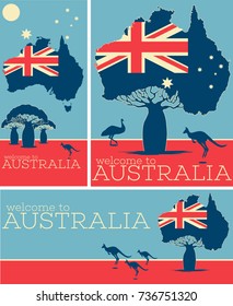 Welcome to Australia vintage posters with australian patriotic symbols. World traveling minimalistic concept with jumping kangaroo, touristic advertisement, authentic culture vector illustration.