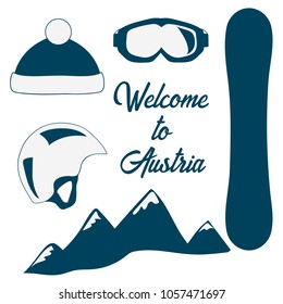 Welcome to Austria. Country banner. Hand drawn illustration. Winter sport. Snowboardong. Mountaion. Vector illustration.