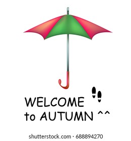 Welcome to autumn banner with green red umbrella and human spots. Vector illustration on white background. 