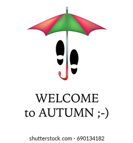 Welcome to autumn banner with green red umbrella and human spots. Vector illustration on white background. 