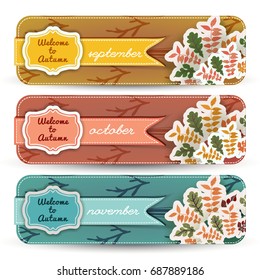 Welcome to autumn banners set with figured frames and ribbons branches and leaves isolated vector illustration