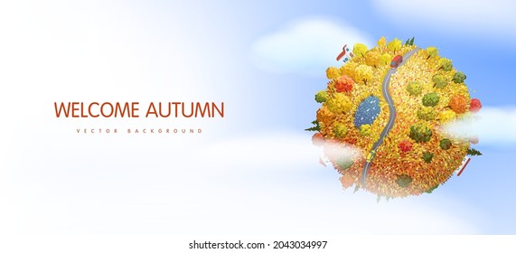 Welcome autumn card or banner design template. Vector illustration of cartoon earth globe with autumn landscape on horizontal background