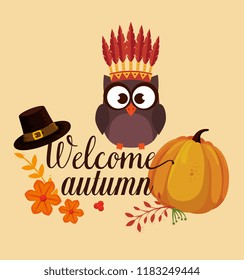welcome autumn card with owl