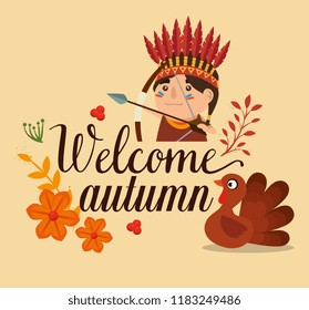 welcome autumn card with turkey and native