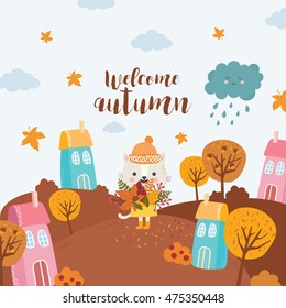 Welcome autumn. Cat with a bouquet of fall leaves. Cute cartoon city landscape in bright colors. Beautiful nature, trees and houses. Great composition with inscription.