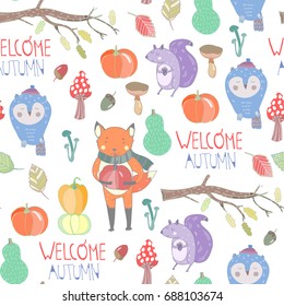 Welcome autumn. Cute forest animals. Colored graphic vector seamless pattern