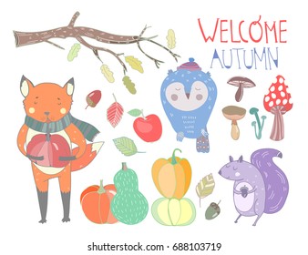 Welcome autumn. Cute forest animals. Colored graphic vector set. All elements are isolated