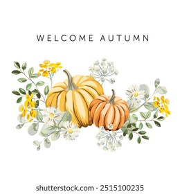 Welcome Autumn design template print. Yellow pumpkin, daisy flowers, leaves, white background. Vector illustration. October harvest background. Fall season