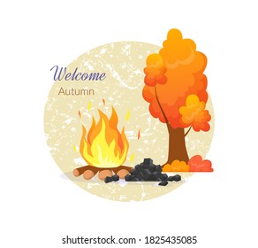 Welcome autumn elements collection. Bonfire with fire, picnic by the autumn tree on a light background. Harvest time autumn greeting card vector.