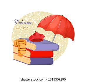 Welcome autumn elements collection. Umbrella with books, hat and scarf on a light background. Harvest time autumn greeting card vector.