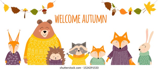 Welcome autumn greeting card with cute cartoon forest animals (fox, hedgehog, bear, squirrel, rabbit, racoon) and garland with leaves and mushrooms. Vector illustration template