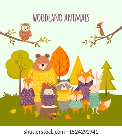 Welcome autumn greeting card with cute cartoon forest animals (fox, hedgehog, bear, squirrel, rabbit, racoon, owl, woodpecker ). Vector illustration template