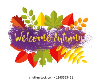 Welcome AUTUMN greeting card template design with Fall leaves flat style. Autumn lettering and hand drawn brush stroke. Seasonal colorful wreath. Vector illustration