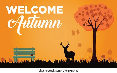 Welcome autumn with leaves falling in a park