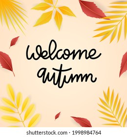 Willkommen Herbst mit Blättern und Rahmen für Text einzeln auf orangefarbenem Hintergrund, Vektorgrafik EPS10