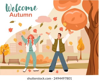 Welcome autumn lettering banner. A happy young couple joyfully throw up bright autumn leaves in autumnal park . A delightful celebration of seasonality. Vector illustration