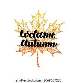 Welcome Autumn Maple Dotwork. Vector Illustration of Fall Leaf Handdrawn.