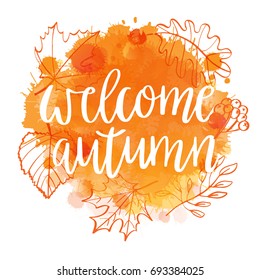 Welcome autumn on Watercolor imitation background leaves and berries wreath. 