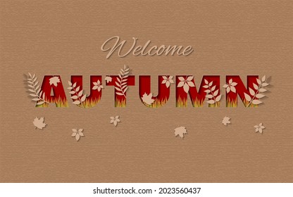 Welcome autumn paper cut style vector template. Leaves paper art illustration