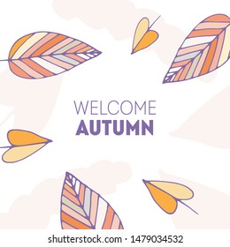 Welcome autumn poster with doodle leaves in fall colors. Seasonal prints, flyers, banners, invitations, promotions and more. 