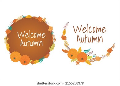 Welcome autumn vector template.Minimalist postcard nature leaves,pumpkin,abstract shapes