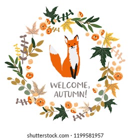 Welcome Autumn wreath design template print with fox, orange, gray maple leaves. Vector illustration. October background with forest animal. Nature design. Fall season