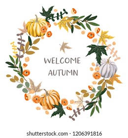 Welcome Autumn wreath design template print with orange, gray pumpkin, maple leaves. Vector illustration. October harvest background. Organic vegetable garden food. Nature design. Fall season