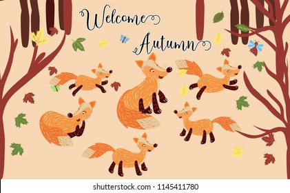 Welcome autumn.Cute foxes with family and autumn leaves.welcome autumn text design with cute animals.Cartoon forest animal characters.for fabric,print,banner,background.vector illustration.