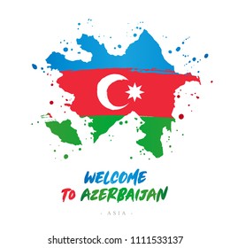 Welcome to Azerbaijan. Asia. Flag and map of the country of Azerbaijan from brush strokes. Lettering. Vector illustration on white background.