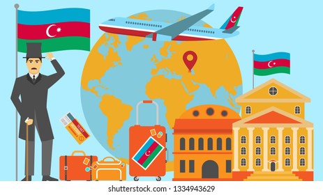 Welcome to Azerbaijan postcard. Travel and safari concept of Europe world map vector illustration with national flag