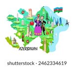 Welcome to Azerbaijan. Azerbaijan tourist map. Attractions of Azerbaijan. Vector illustration