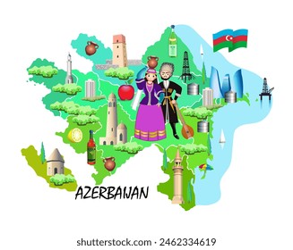 Welcome to Azerbaijan. Azerbaijan tourist map. Attractions of Azerbaijan. Vector illustration