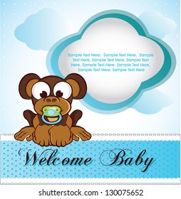 Welcome baby boy with blue clouds and cute monkey