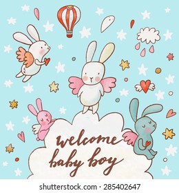 Welcome baby boy - concept card. Fantastic childish background made of cartoon signs: lovely rabbits, hearts, stars, clouds and air balloon in the sky. Sweet congratulation card in vector