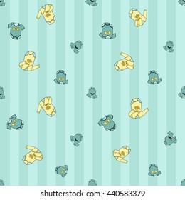 Welcome baby boy decorative seamless background with bodysuit. Funny cute new born boy vector seamless pattern on stripped blue background.