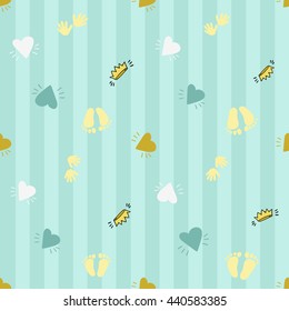 Welcome baby boy decorative seamless background with blue heart, white heart, yellow heart, foot, crown, handprint. Funny cute new born boy vector seamless pattern on stripped blue background.