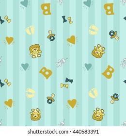 Welcome baby boy decorative seamless background with soother, blue heart, yellow heart, mobility, foot, bow tie, letter b, toy. Funny cute new born vector seamless pattern on stripped blue background.