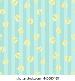 Welcome baby boy decorative seamless background with foot. Funny cute new born boy vector seamless pattern on stripped blue background.
