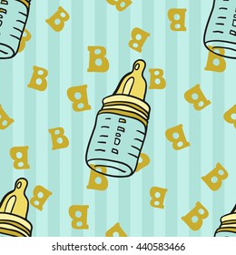 Welcome baby boy decorative seamless background with baby bottle and letter b. Funny cute new born boy vector seamless pattern on stripped blue background.