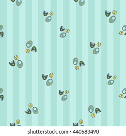 Welcome baby boy decorative seamless background with bib. Funny cute new born boy vector seamless pattern on stripped blue background.