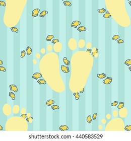 Welcome baby boy decorative seamless background with socks and foot. Funny cute new born boy vector seamless pattern on stripped blue background.