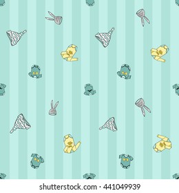 Welcome baby boy decorative seamless background with bodysuit, hat, baby beanie. Funny cute new born boy vector seamless pattern on stripped blue background.
