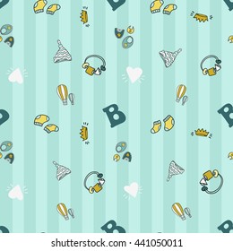 Welcome baby boy decorative seamless background with crown, bib, rattle, balloon, socks, hat, white heart, letter b. Funny cute new born boy vector seamless pattern on stripped blue background.