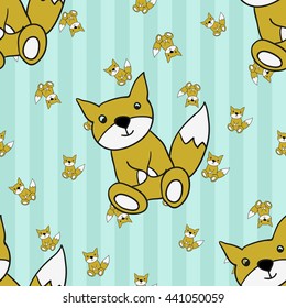 Welcome baby boy decorative seamless background with fox toy. Funny cute new born boy vector seamless pattern on stripped blue background.