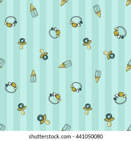 Welcome baby boy decorative seamless background with rattle, soother, baby bottle. Funny cute new born boy vector seamless pattern on stripped blue background.